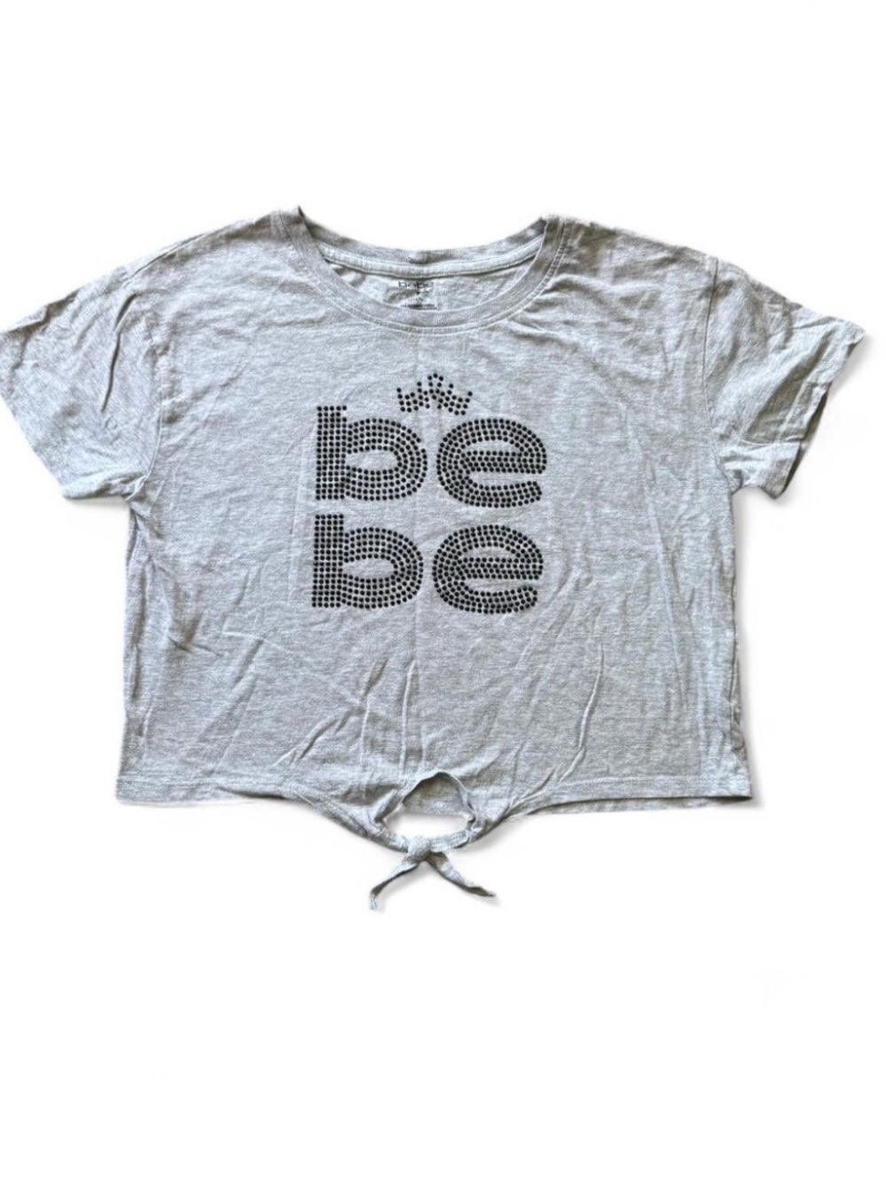 bebe girls Heather Grey Rhinestone Logo Front Tie Crop Top Size L 14/16